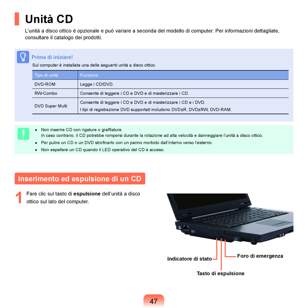 Samsung NP-Q70A000/SEI manual Unità CD, Inserimento ed espulsione di un CD, Indicatore di stato, Tasto di Espulsione 