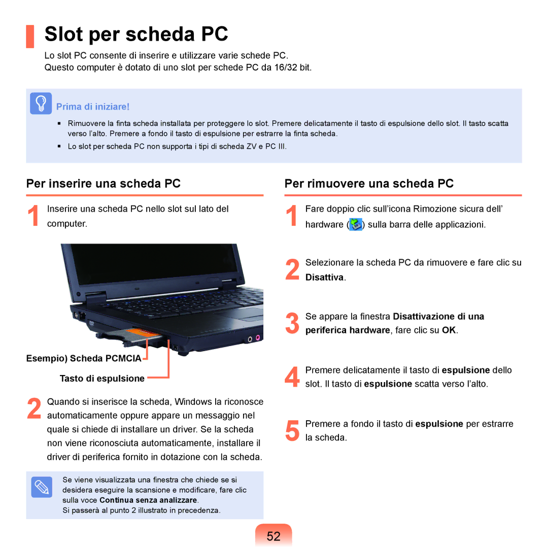 Samsung NP-Q70A000/SEI manual Slot per scheda PC, Per inserire una scheda PC, Per rimuovere una scheda PC 