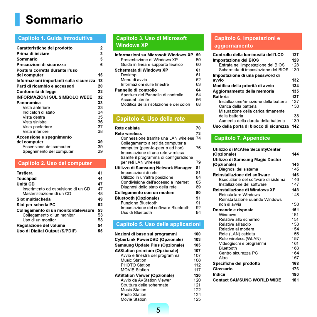 Samsung NP-Q70A000/SEI manual Sommario 