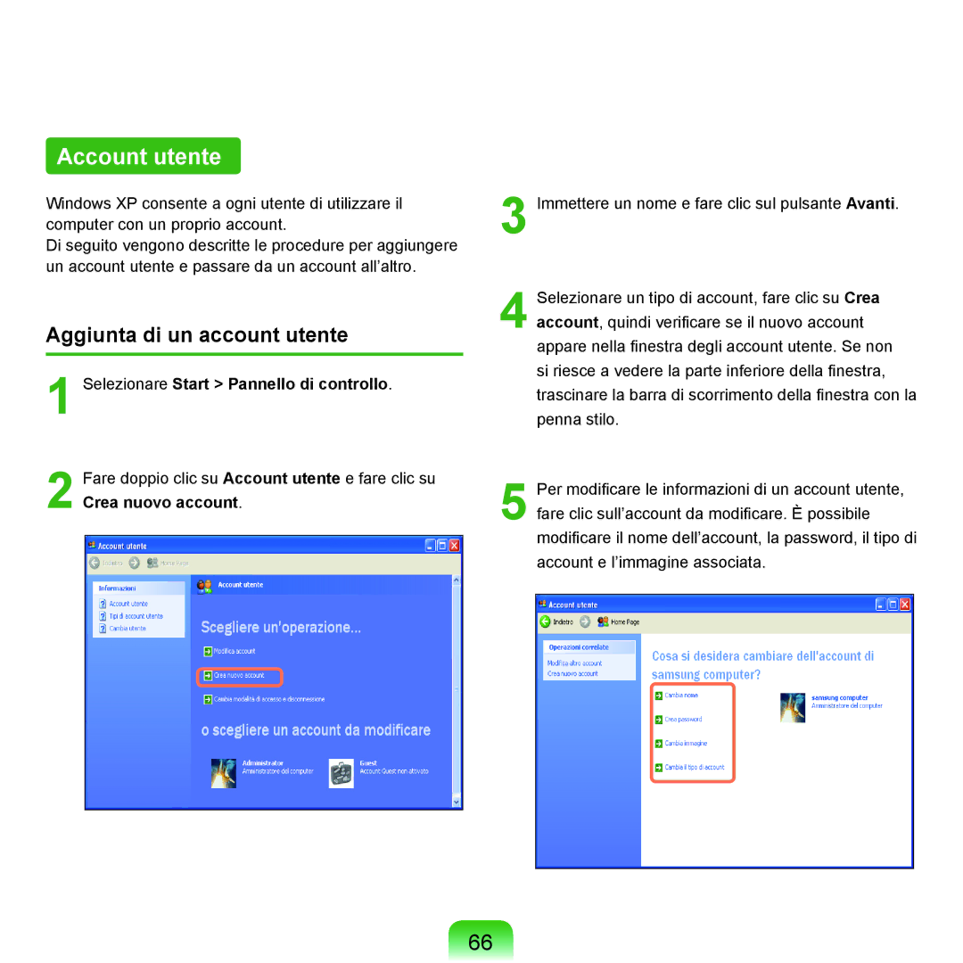 Samsung NP-Q70A000/SEI manual Account utente, Aggiunta di un account utente, Selezionare Start Pannello di controllo 