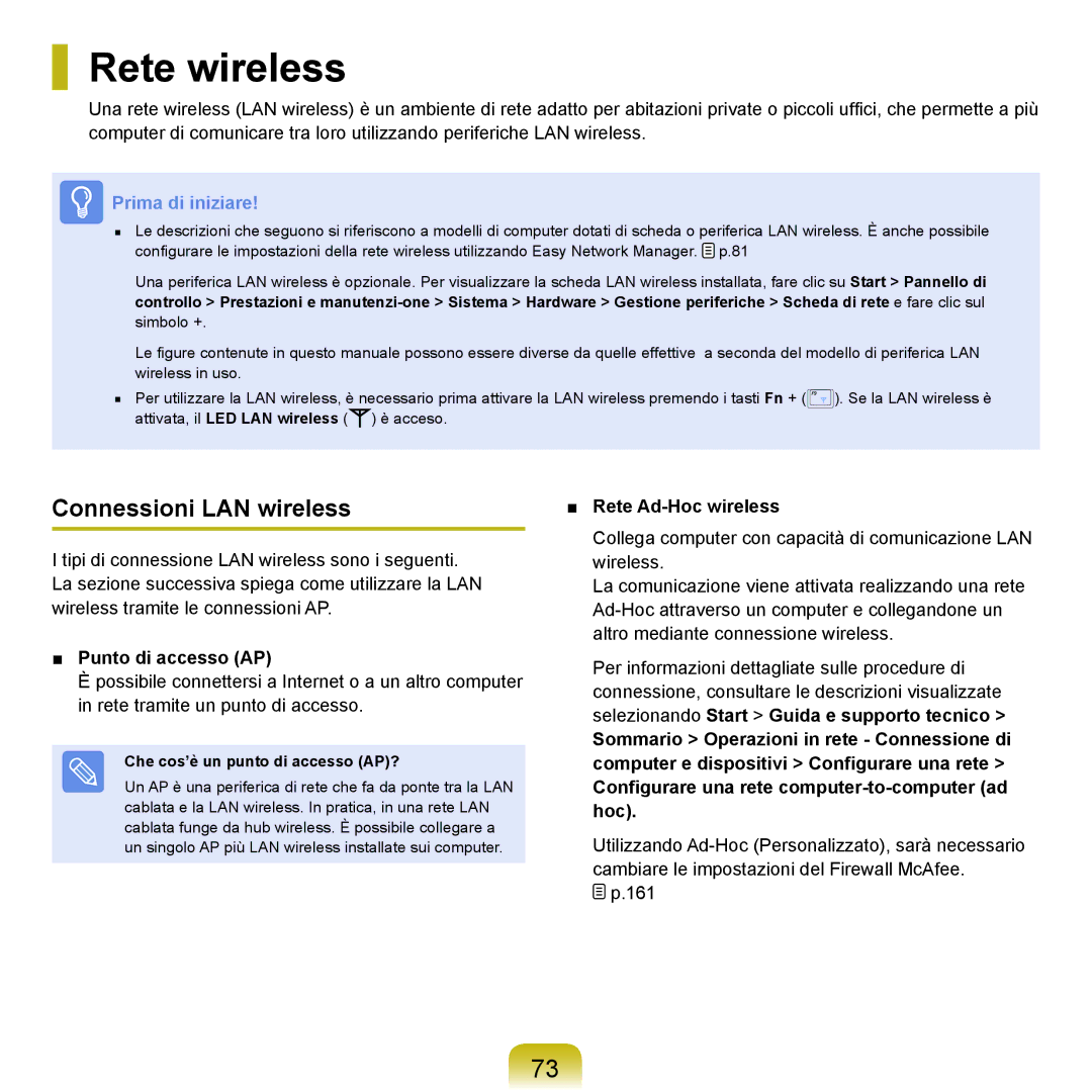 Samsung NP-Q70A000/SEI manual Rete wireless, Connessioni LAN wireless, Punto di accesso AP, Rete Ad-Hoc wireless 