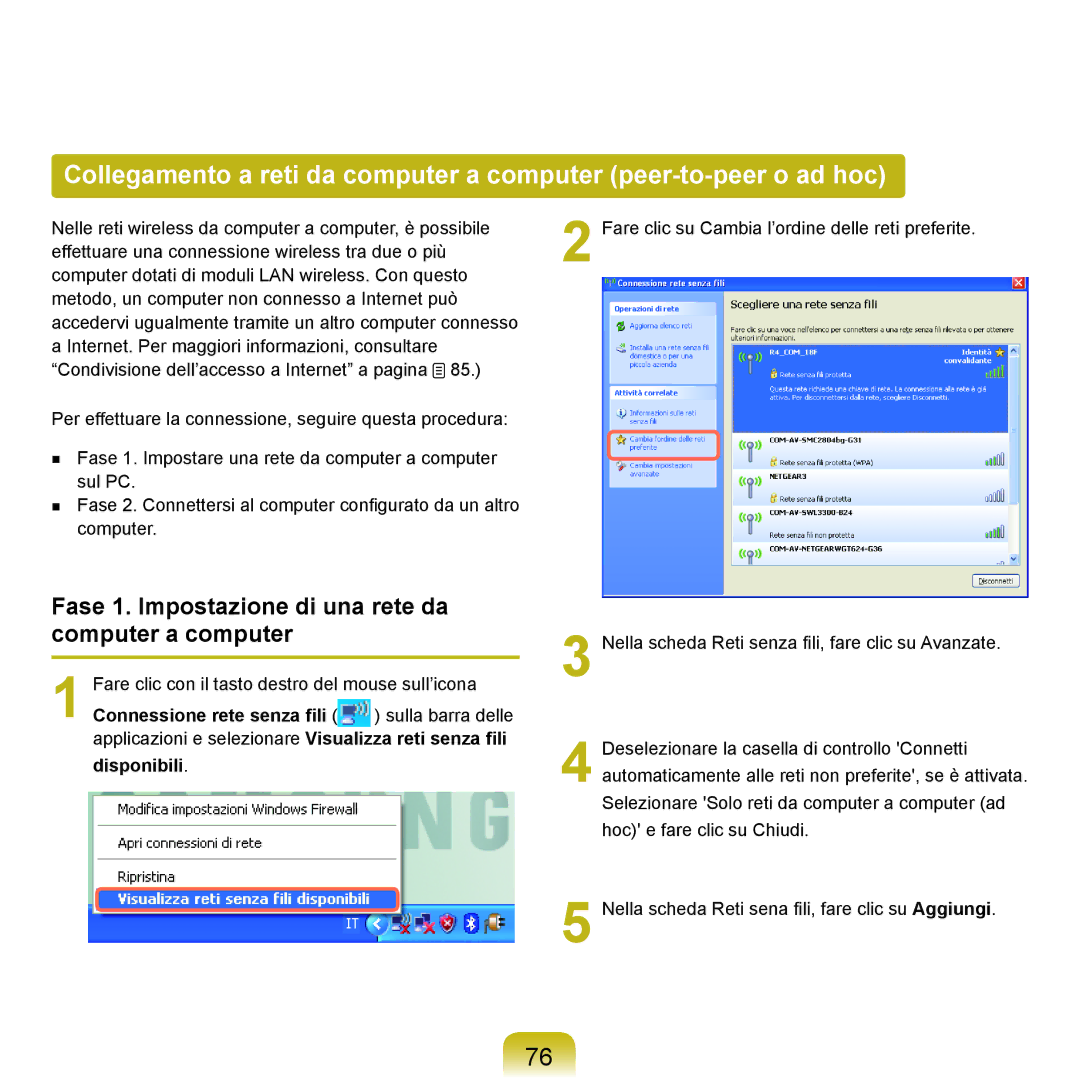 Samsung NP-Q70A000/SEI manual Fase 1. Impostazione di una rete da computer a computer, Connessione rete senza fili 