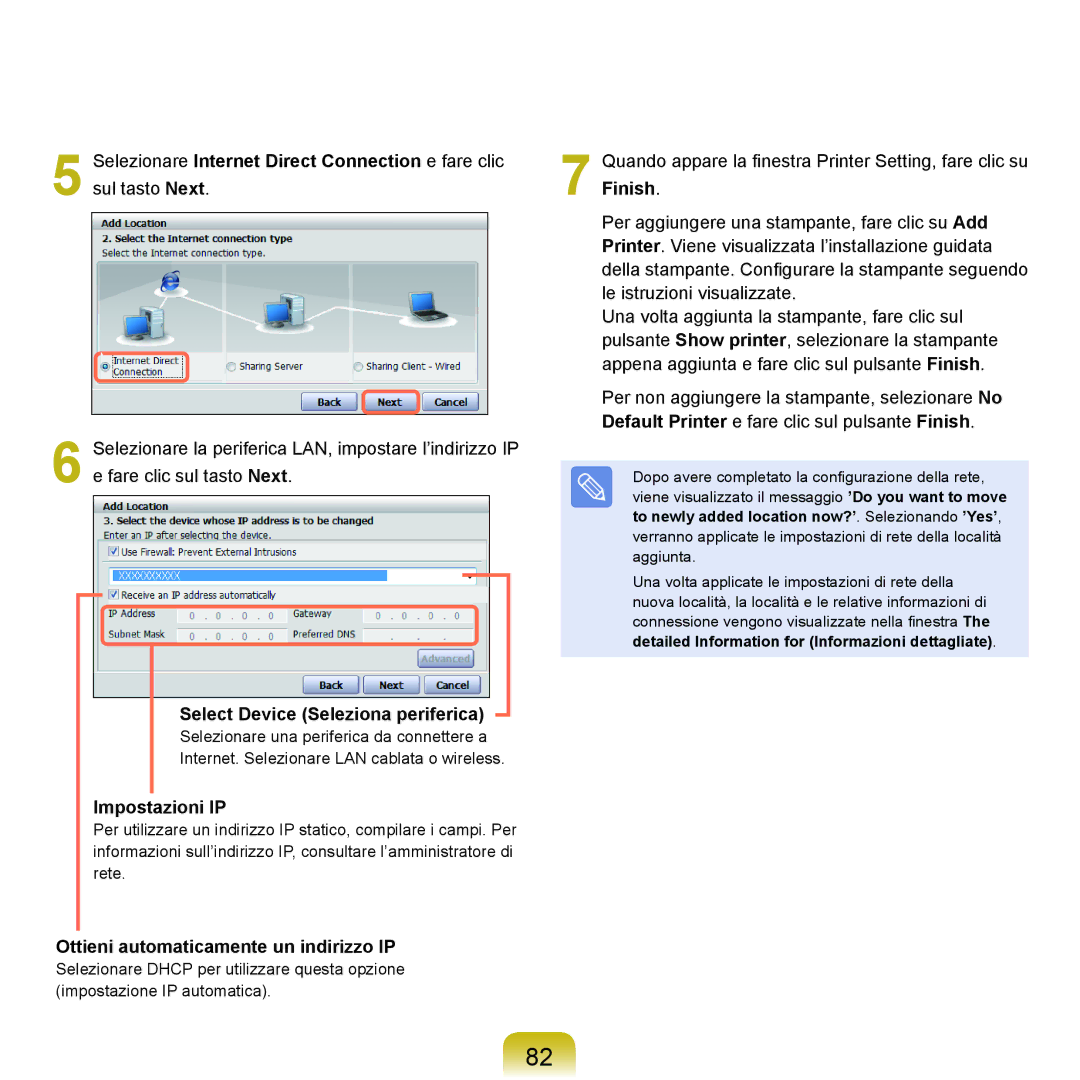 Samsung NP-Q70A000/SEI manual Select Device Seleziona periferica, Impostazioni IP, Ottieni automaticamente un indirizzo IP 