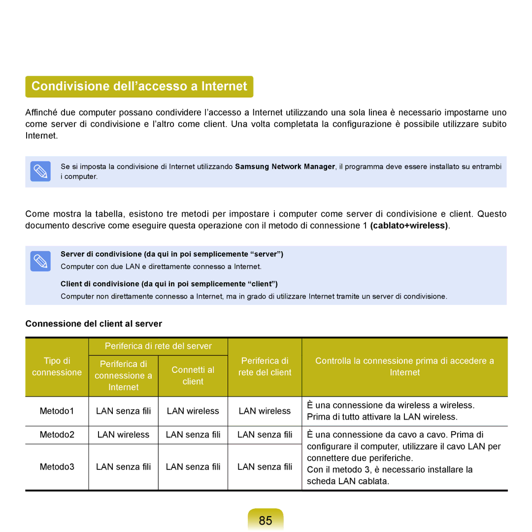 Samsung NP-Q70A000/SEI manual Condivisione dell’accesso a Internet, Connessione del client al server 