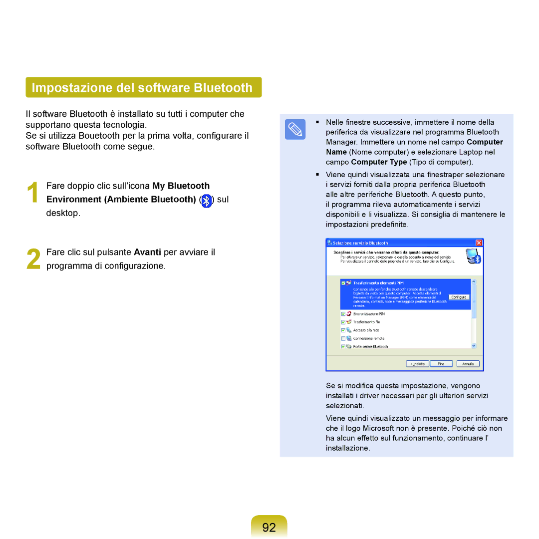 Samsung NP-Q70A000/SEI manual Impostazione del software Bluetooth 