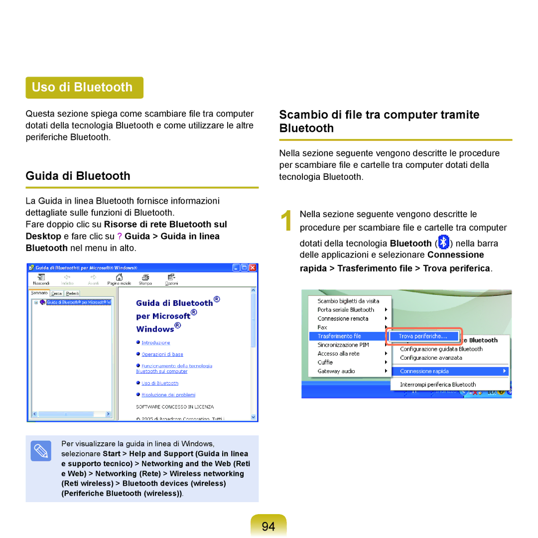Samsung NP-Q70A000/SEI manual Uso di Bluetooth, Guida di Bluetooth, Scambio di file tra computer tramite Bluetooth 