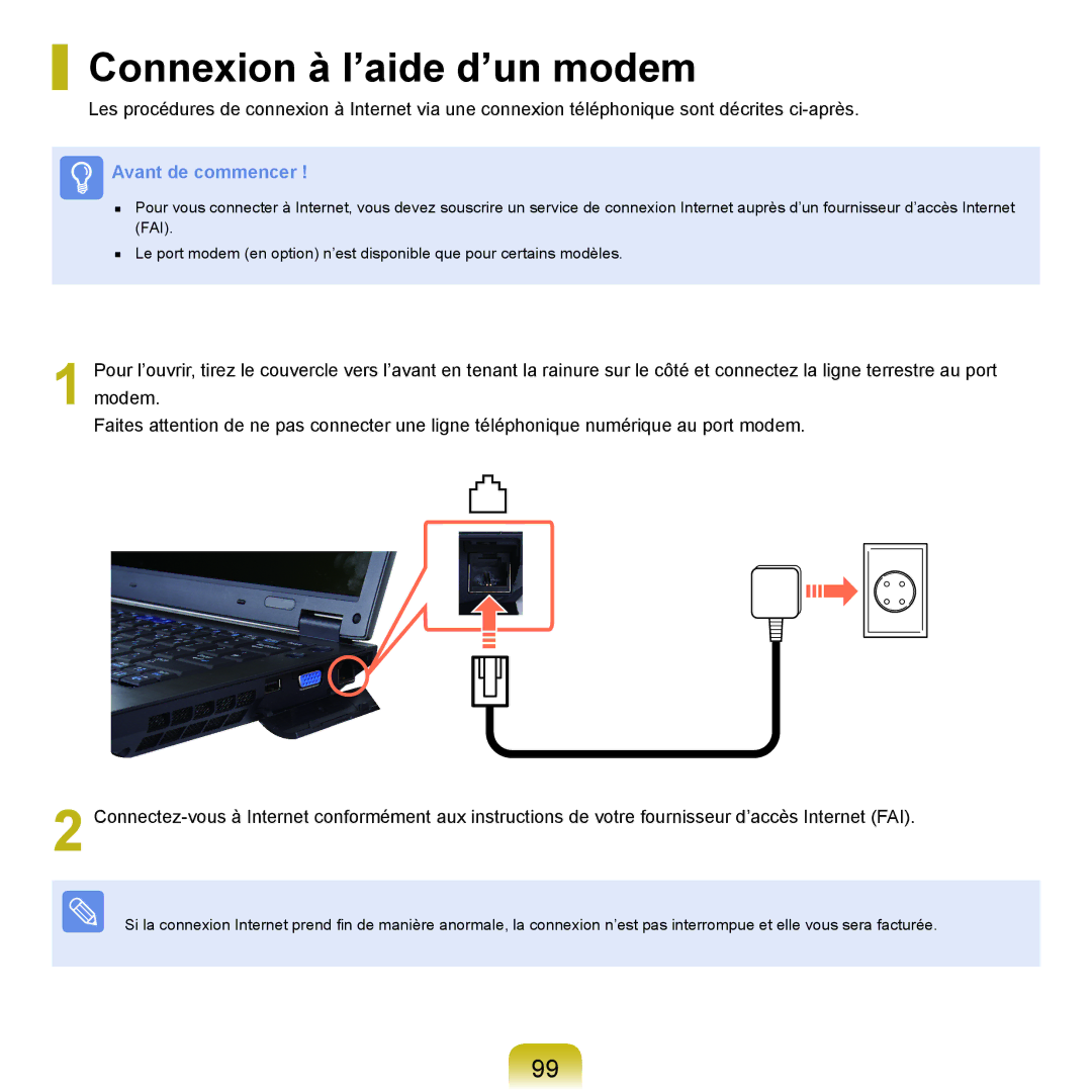 Samsung NP-Q70AV01/SEF, NP-Q70AV02/SEF, NP-Q70A000/SEF manual Connexion à l’aide d’un modem 