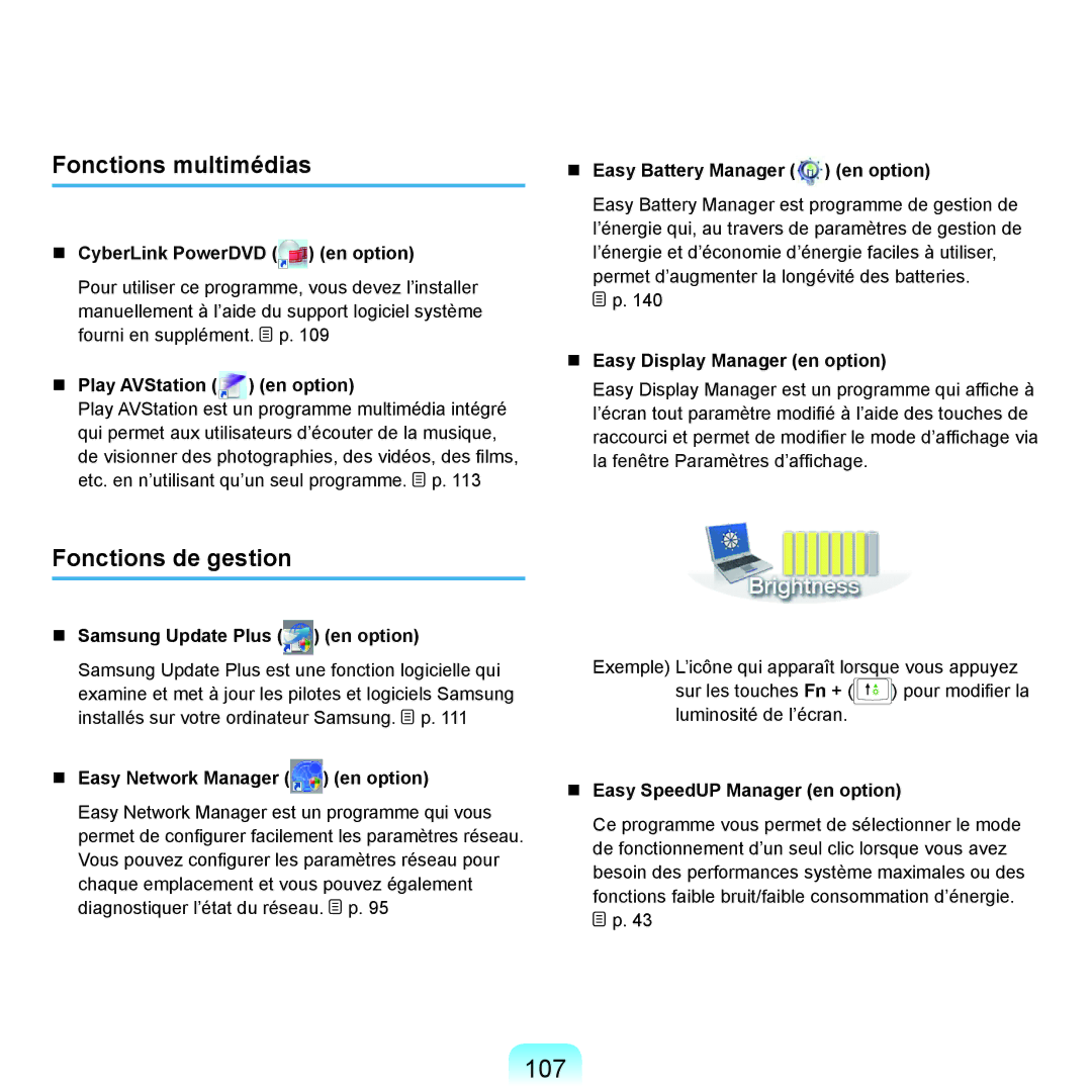 Samsung NP-Q70AV02/SEF, NP-Q70AV01/SEF, NP-Q70A000/SEF manual 107, Fonctions multimédias, Fonctions de gestion 