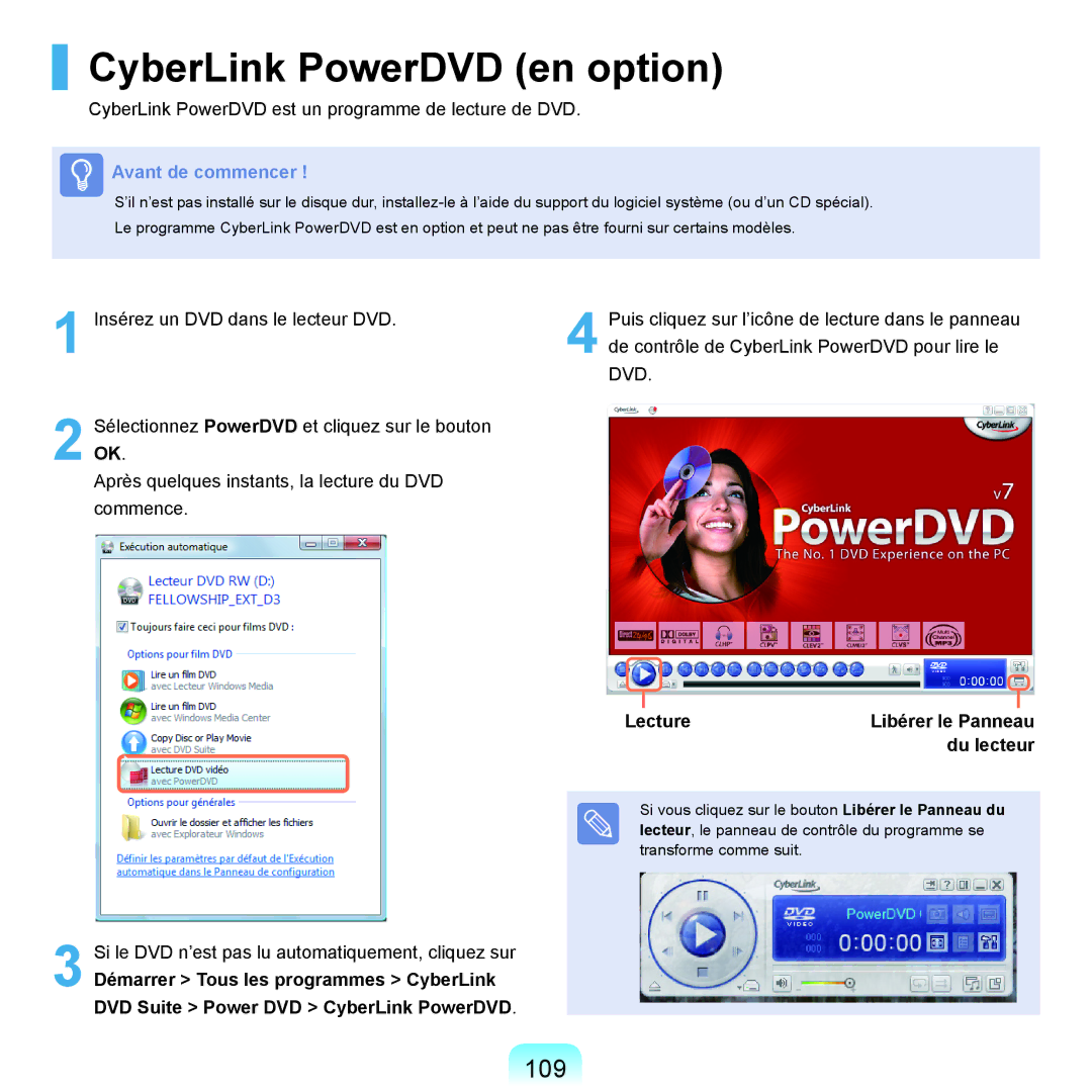Samsung NP-Q70A000/SEF, NP-Q70AV02/SEF, NP-Q70AV01/SEF manual CyberLink PowerDVD en option, 109, Lecture, Du lecteur 