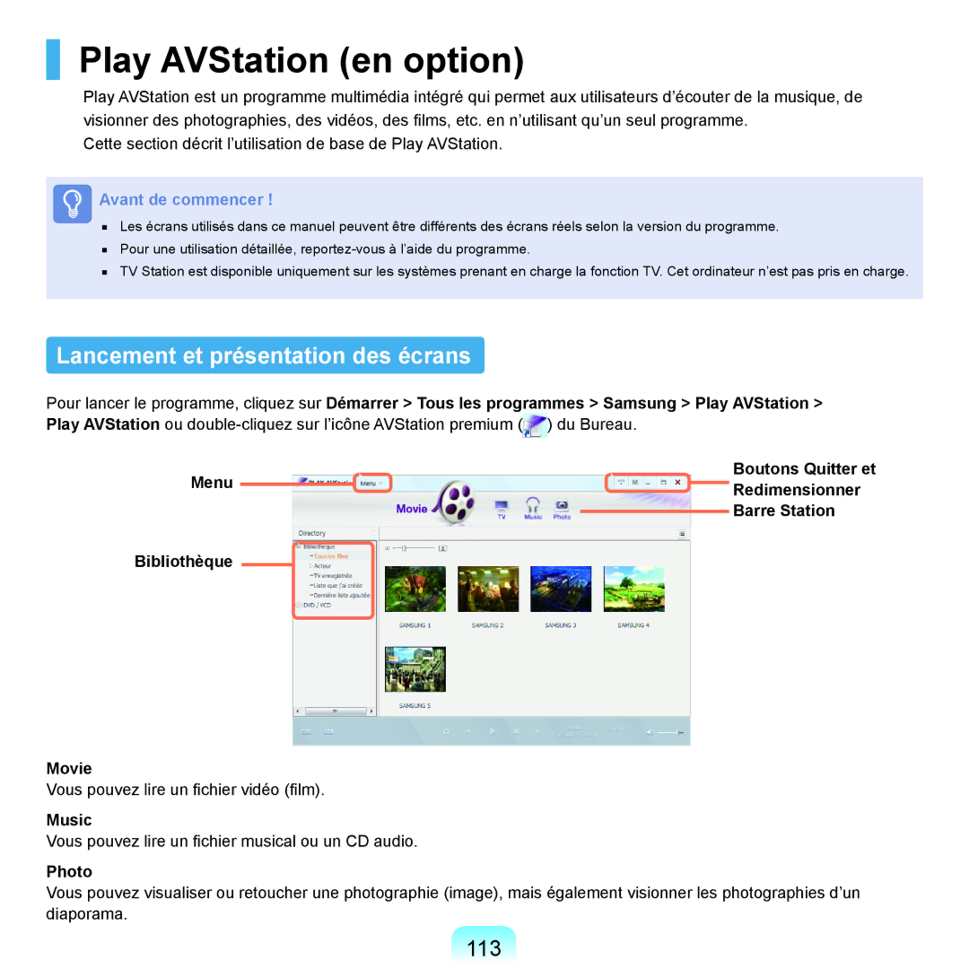 Samsung NP-Q70AV02/SEF, NP-Q70AV01/SEF manual Play AVStation en option, Lancement et présentation des écrans, 113, Music 