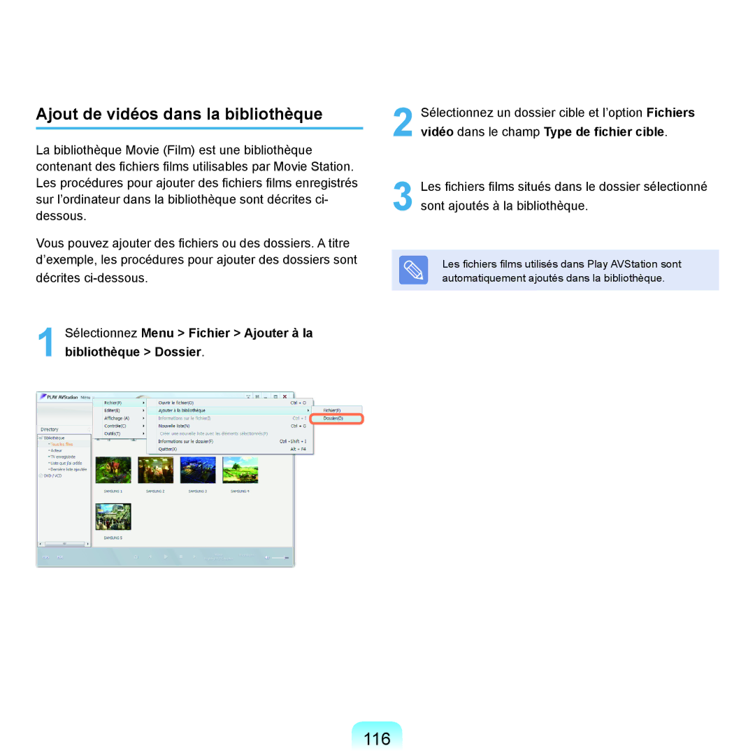 Samsung NP-Q70AV02/SEF, NP-Q70AV01/SEF, NP-Q70A000/SEF manual 116, Ajout de vidéos dans la bibliothèque 