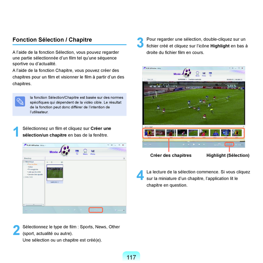 Samsung NP-Q70AV01/SEF, NP-Q70AV02/SEF manual 117, Fonction Sélection / Chapitre, Créer des chapitres Highlight Sélection 