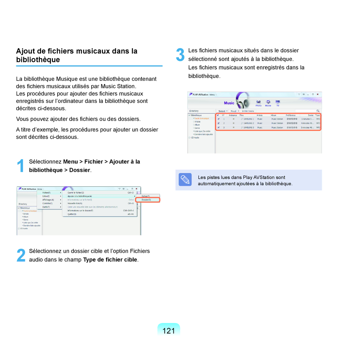 Samsung NP-Q70A000/SEF, NP-Q70AV02/SEF, NP-Q70AV01/SEF manual 121, Ajout de fichiers musicaux dans la bibliothèque 