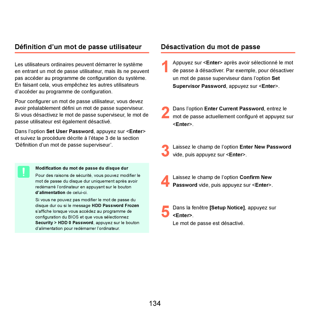 Samsung NP-Q70AV02/SEF, NP-Q70AV01/SEF manual 134, Définition d’un mot de passe utilisateur, Désactivation du mot de passe 