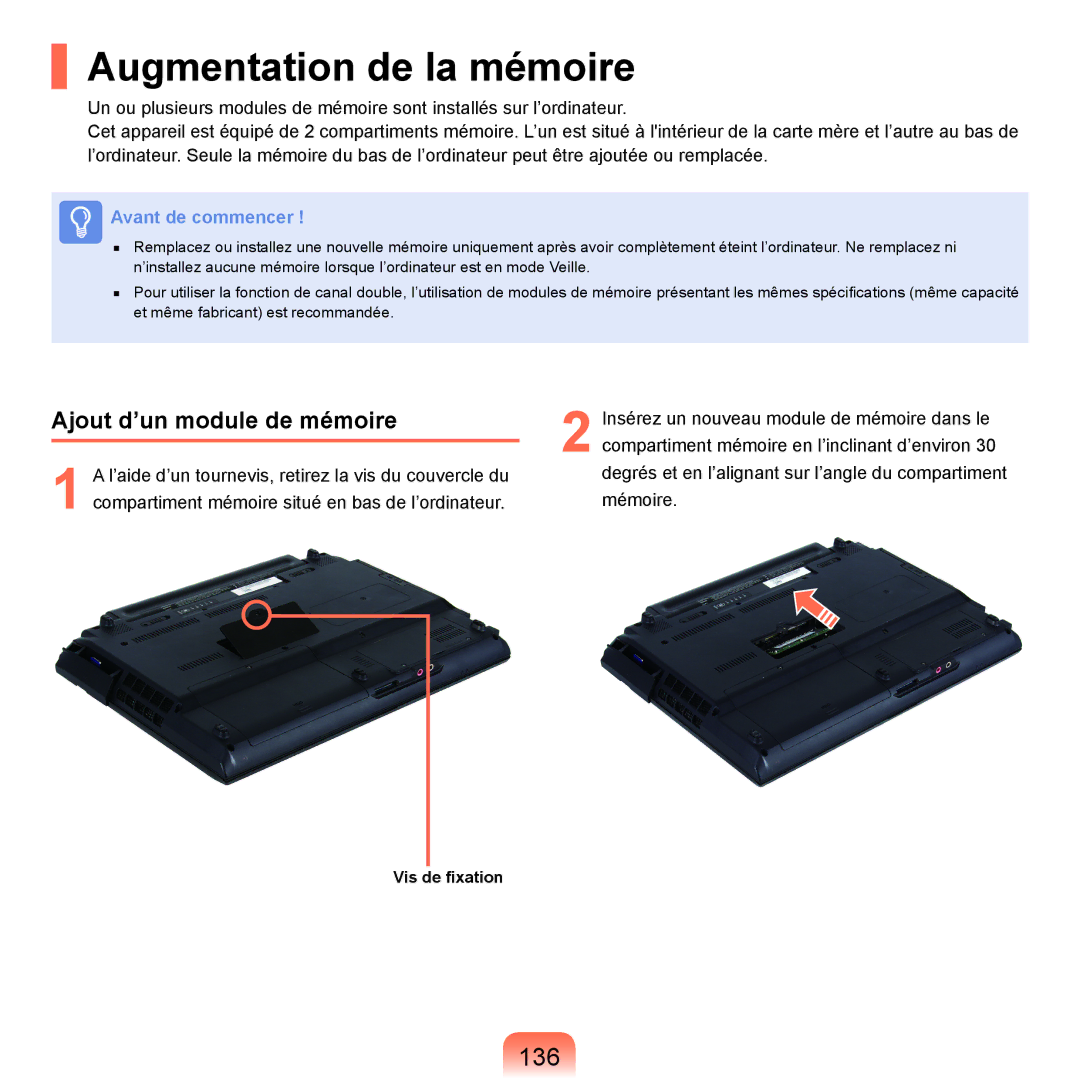 Samsung NP-Q70A000/SEF, NP-Q70AV02/SEF, NP-Q70AV01/SEF manual Augmentation de la mémoire, 136, Ajout d’un module de mémoire 