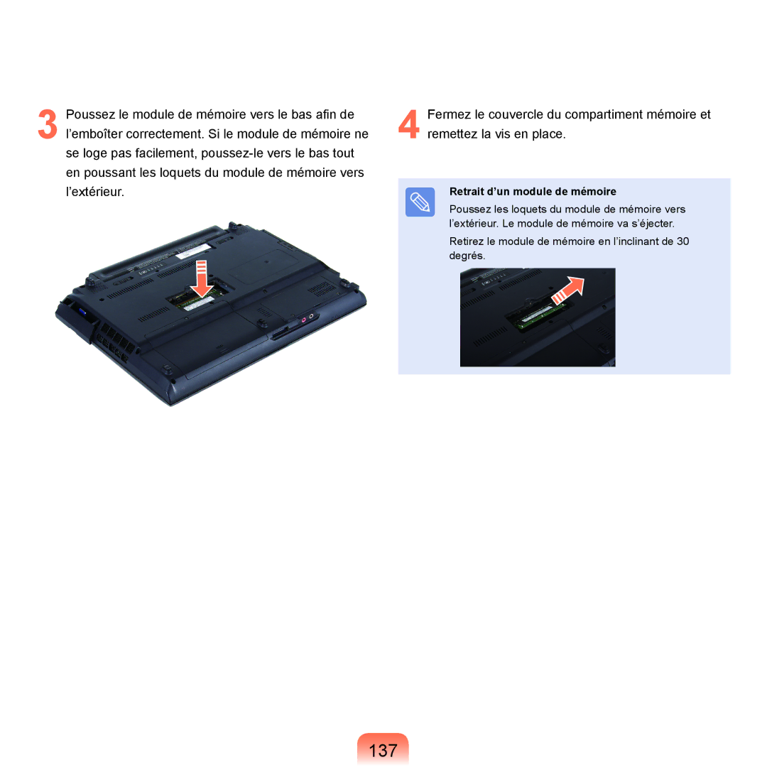 Samsung NP-Q70AV02/SEF, NP-Q70AV01/SEF, NP-Q70A000/SEF manual 137, Retrait d’un module de mémoire 