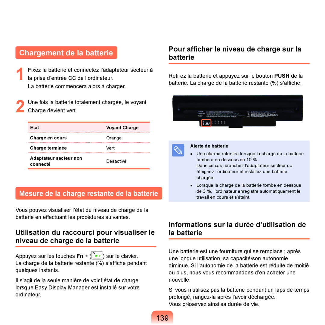 Samsung NP-Q70A000/SEF, NP-Q70AV02/SEF Chargement de la batterie, 139, Pour afficher le niveau de charge sur la batterie 