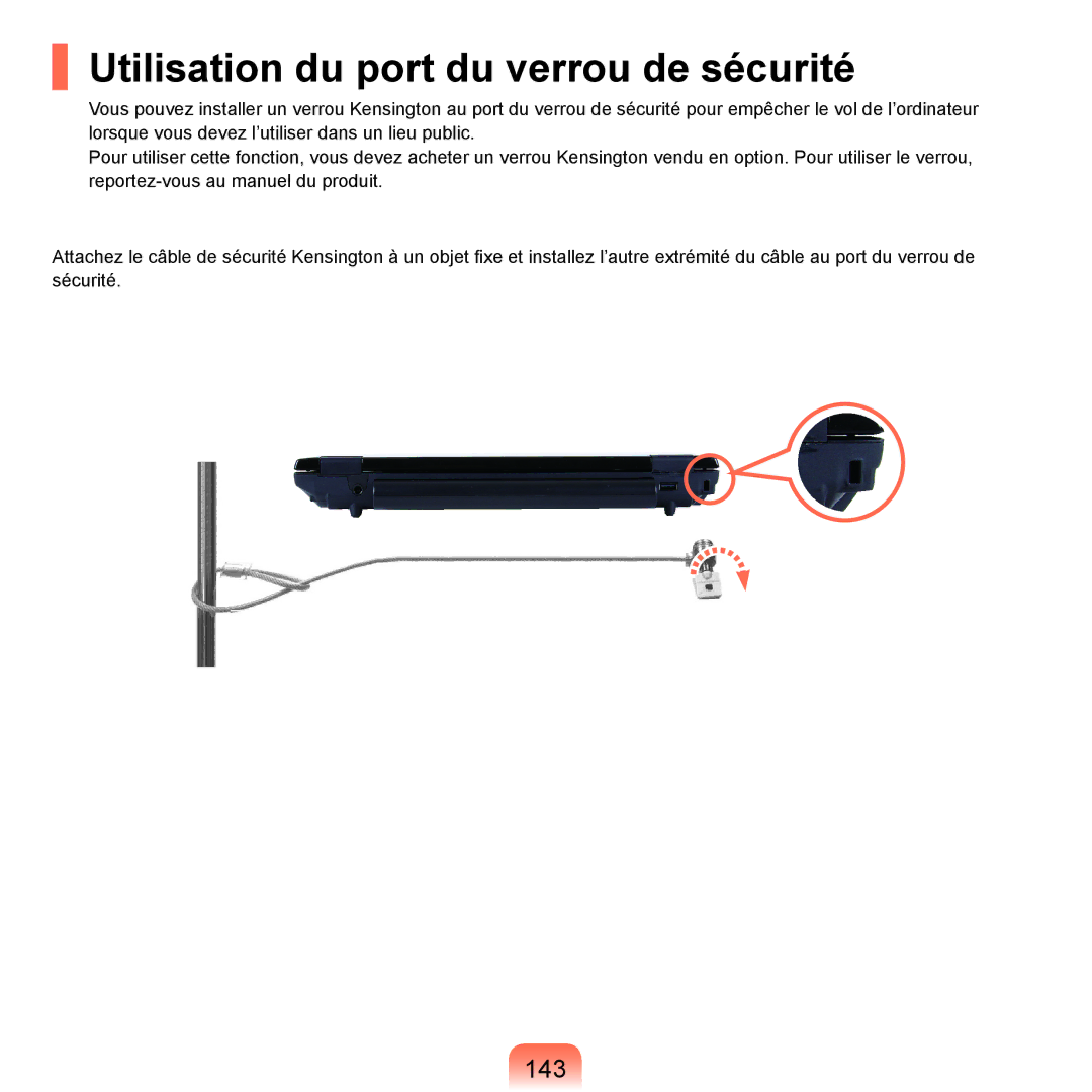 Samsung NP-Q70AV02/SEF, NP-Q70AV01/SEF, NP-Q70A000/SEF manual Utilisation du port du verrou de sécurité, 143 