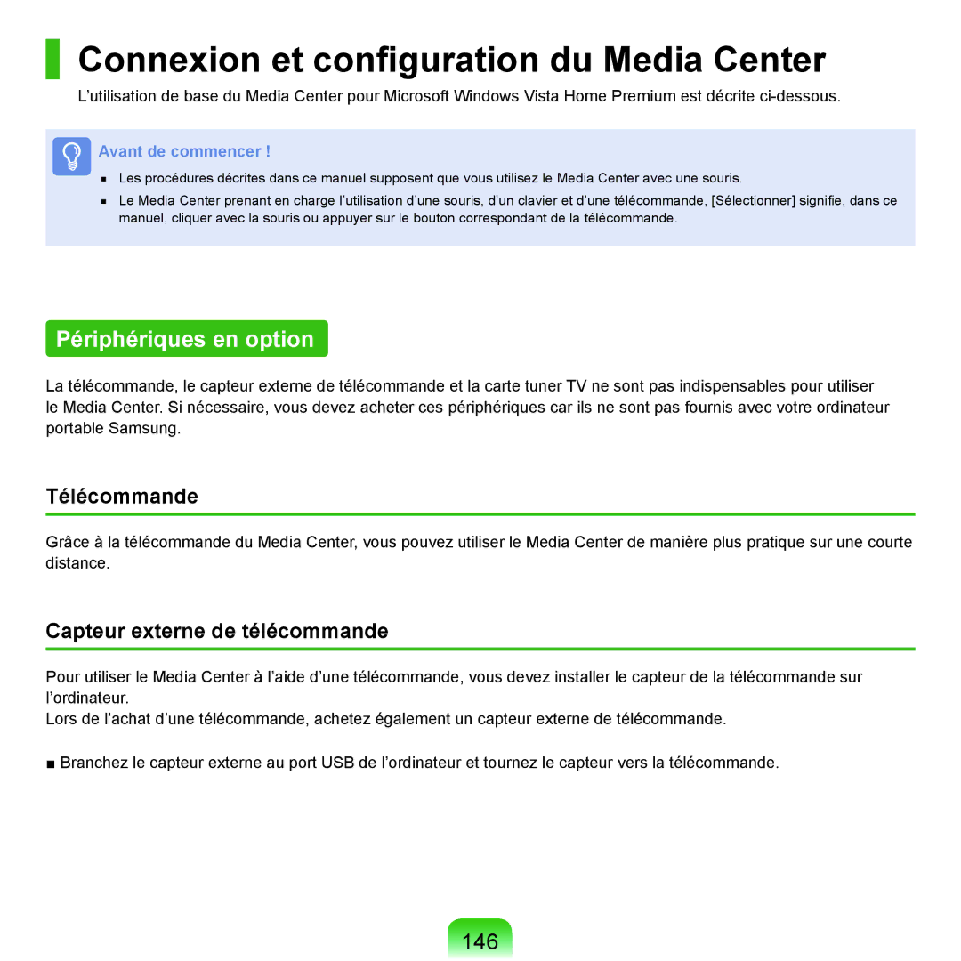 Samsung NP-Q70AV02/SEF manual Connexion et configuration du Media Center, Périphériques en option, 146, Télécommande 