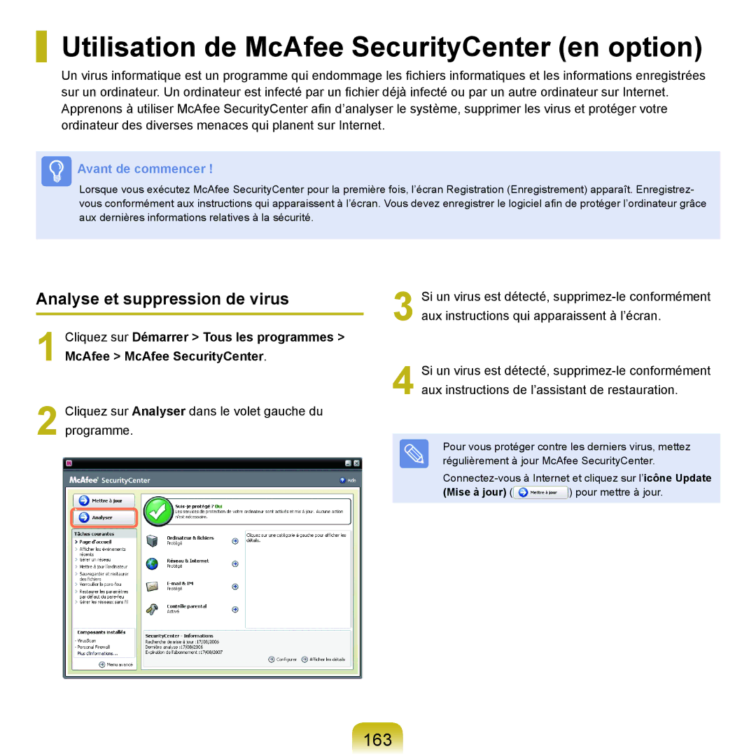 Samsung NP-Q70A000/SEF Utilisation de McAfee SecurityCenter en option, 163, Analyse et suppression de virus, Mise à jour 