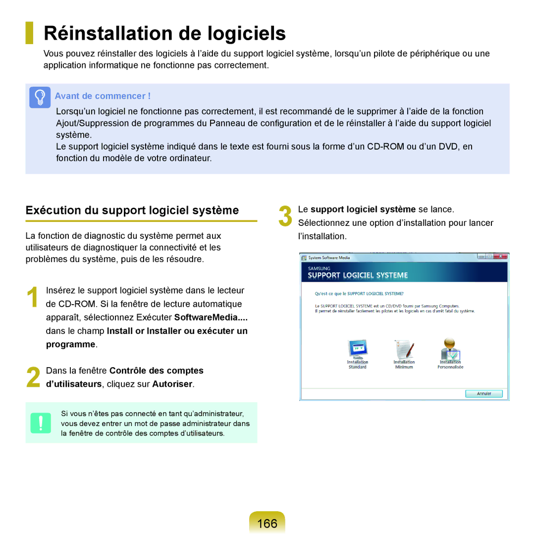 Samsung NP-Q70A000/SEF, NP-Q70AV02/SEF manual Réinstallation de logiciels, 166, Exécution du support logiciel système 