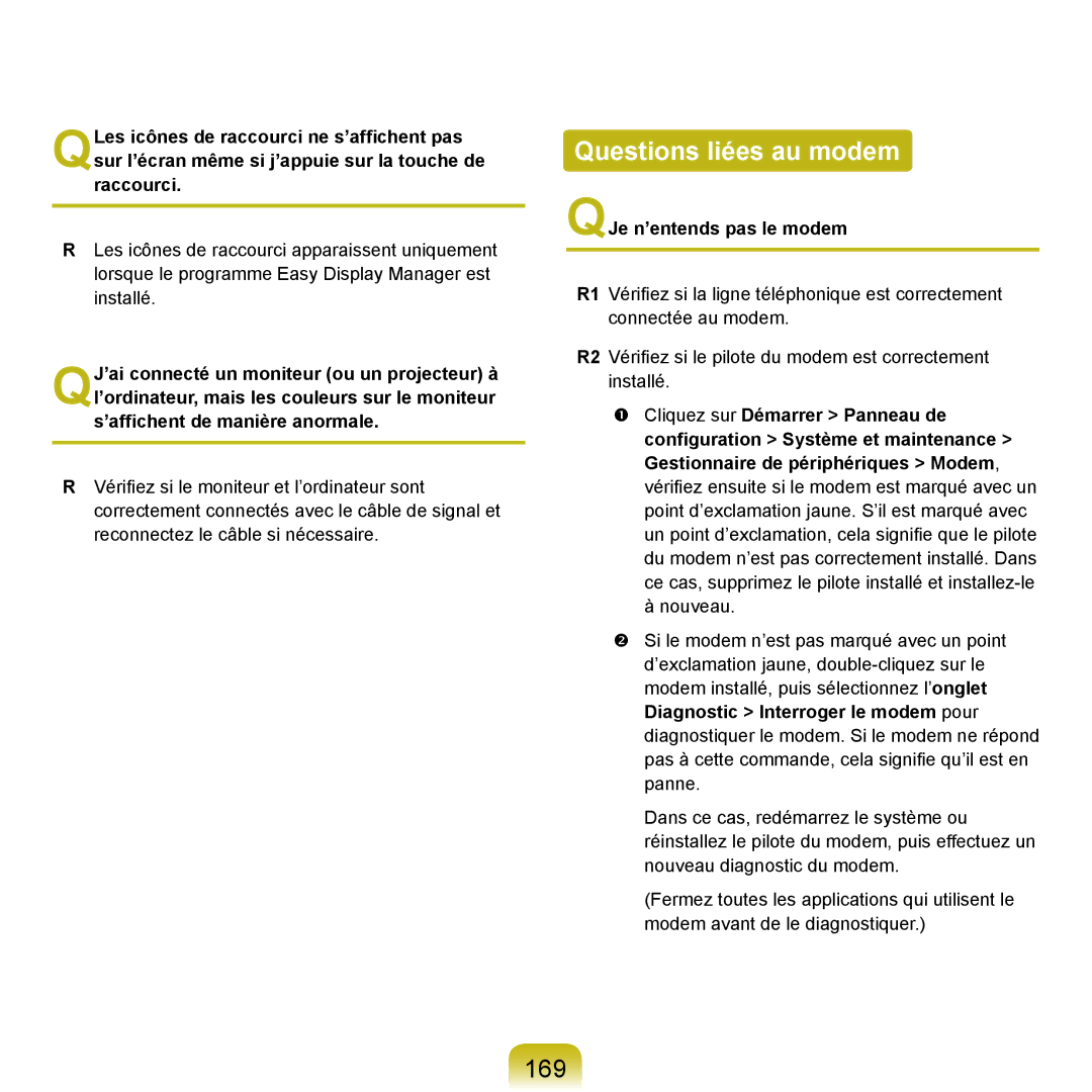 Samsung NP-Q70A000/SEF, NP-Q70AV02/SEF, NP-Q70AV01/SEF manual Questions liées au modem, 169, QJe n’entends pas le modem 