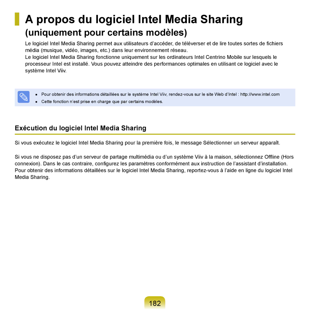 Samsung NP-Q70AV02/SEF manual Propos du logiciel Intel Media Sharing, 182, Exécution du logiciel Intel Media Sharing 