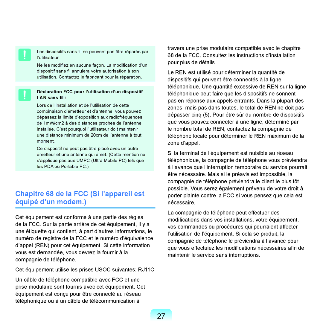 Samsung NP-Q70AV01/SEF, NP-Q70AV02/SEF, NP-Q70A000/SEF manual Chapitre 68 de la FCC Si l’appareil est équipé d’un modem 