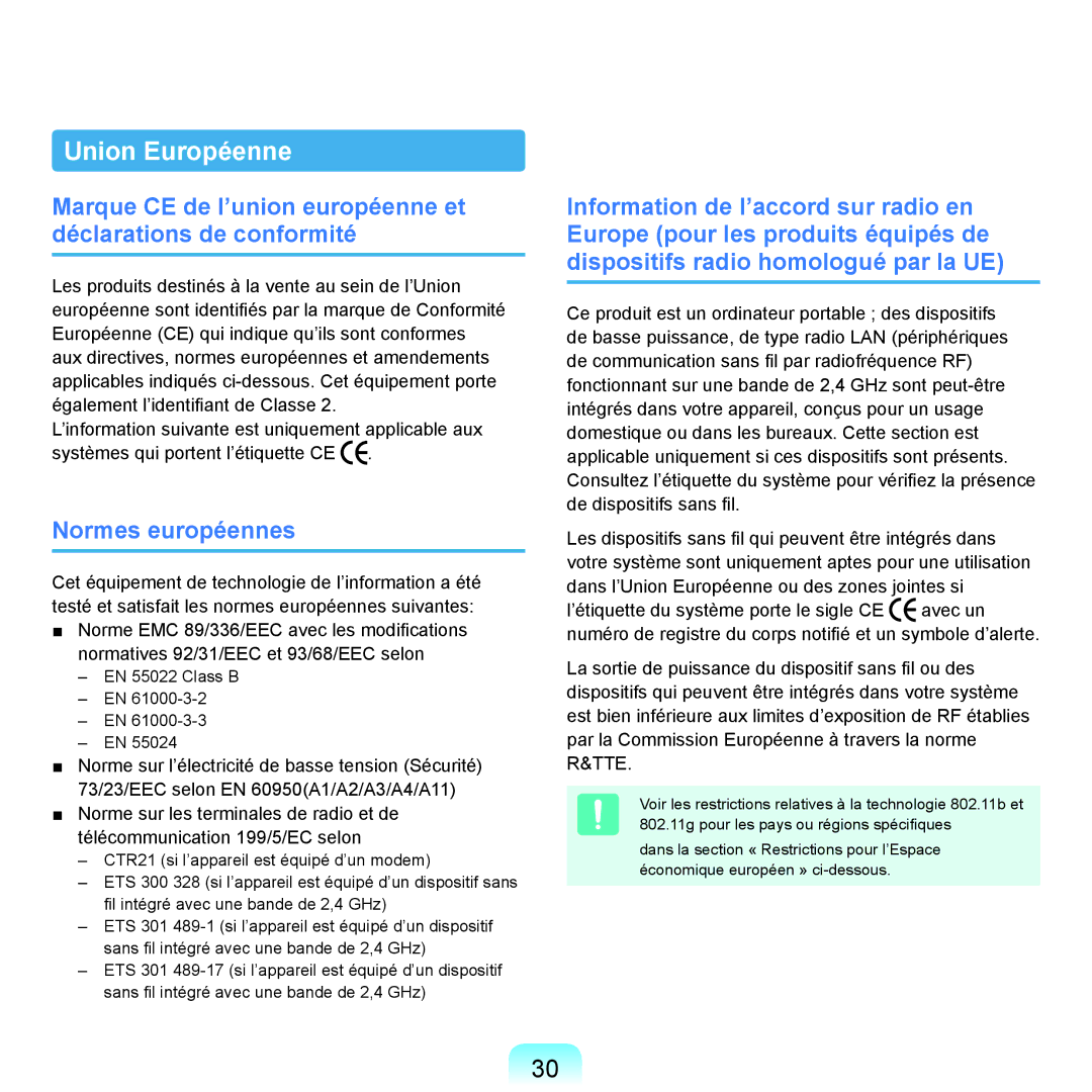 Samsung NP-Q70AV01/SEF, NP-Q70AV02/SEF, NP-Q70A000/SEF manual Union Européenne, Normes européennes 