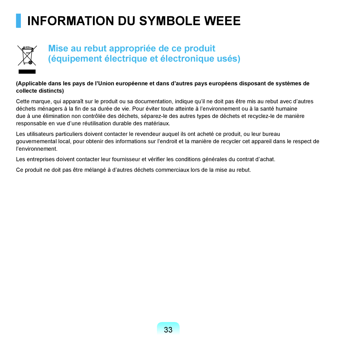 Samsung NP-Q70AV01/SEF, NP-Q70AV02/SEF, NP-Q70A000/SEF manual Information DU Symbole Weee 