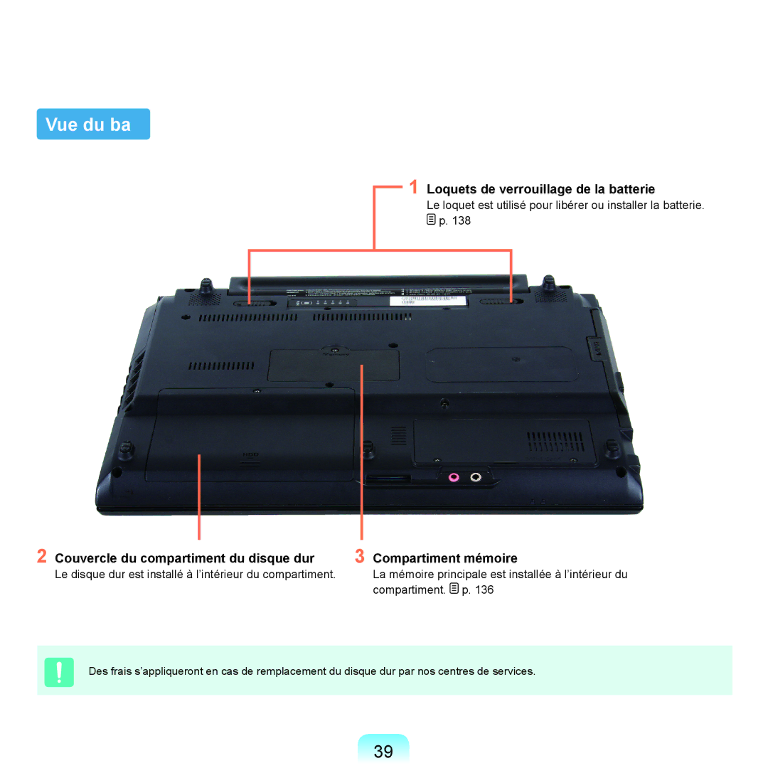 Samsung NP-Q70AV01/SEF, NP-Q70AV02/SEF, NP-Q70A000/SEF manual Vue du ba, Loquets de verrouillage de la batterie 