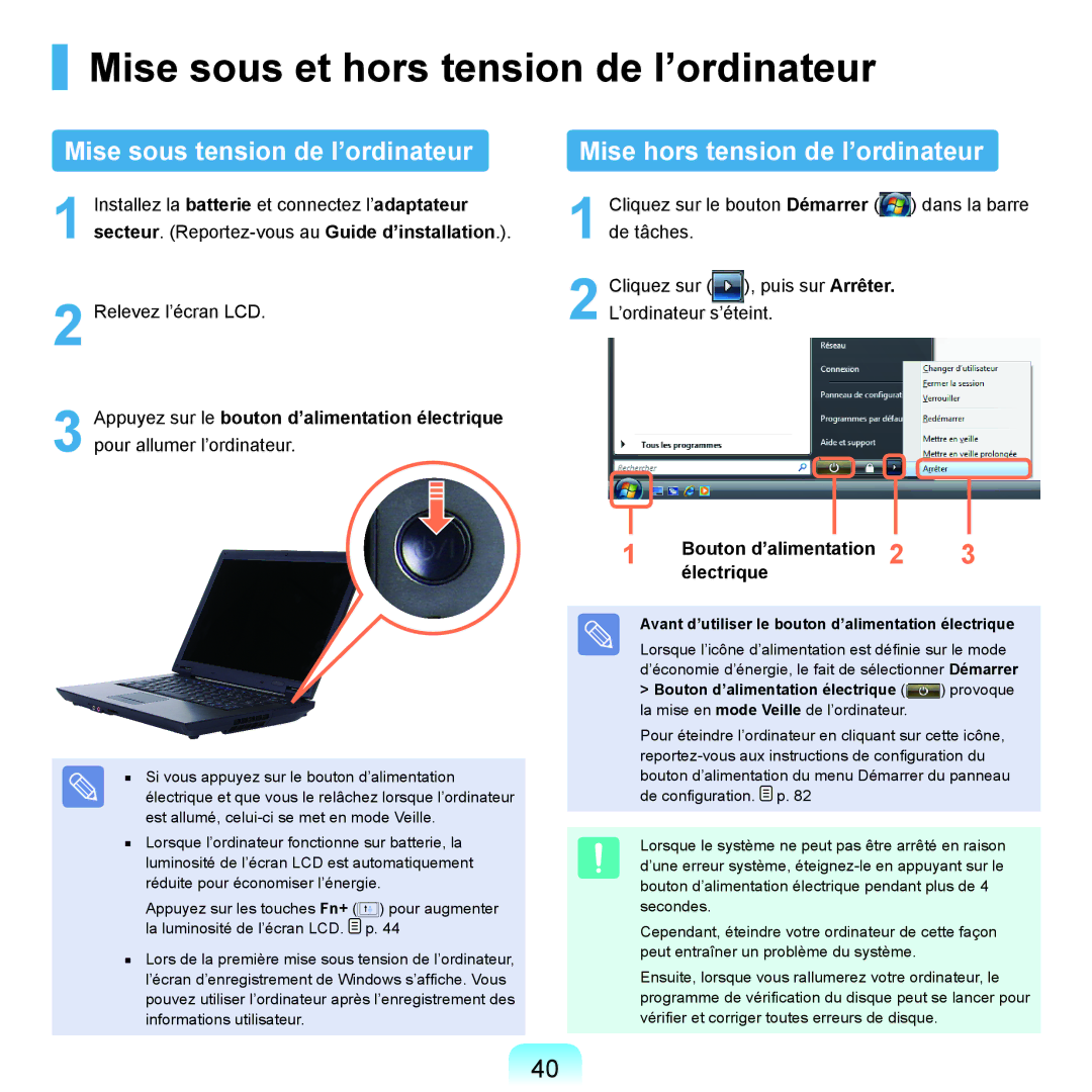 Samsung NP-Q70A000/SEF, NP-Q70AV02/SEF manual Mise sous et hors tension de l’ordinateur, Bouton d’alimentation Électrique 