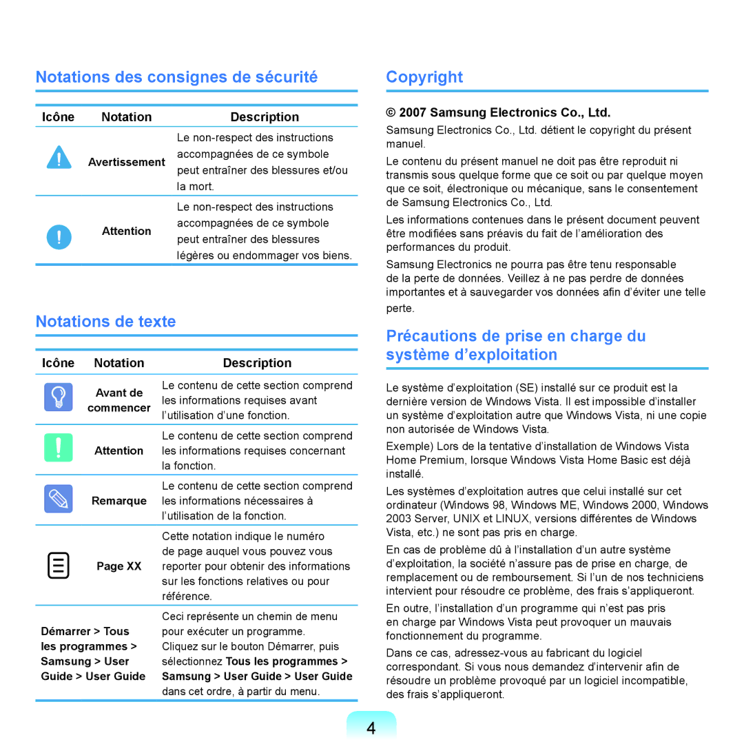 Samsung NP-Q70A000/SEF Notations des consignes de sécurité, Notations de texte, Copyright, Icône Notation Description 