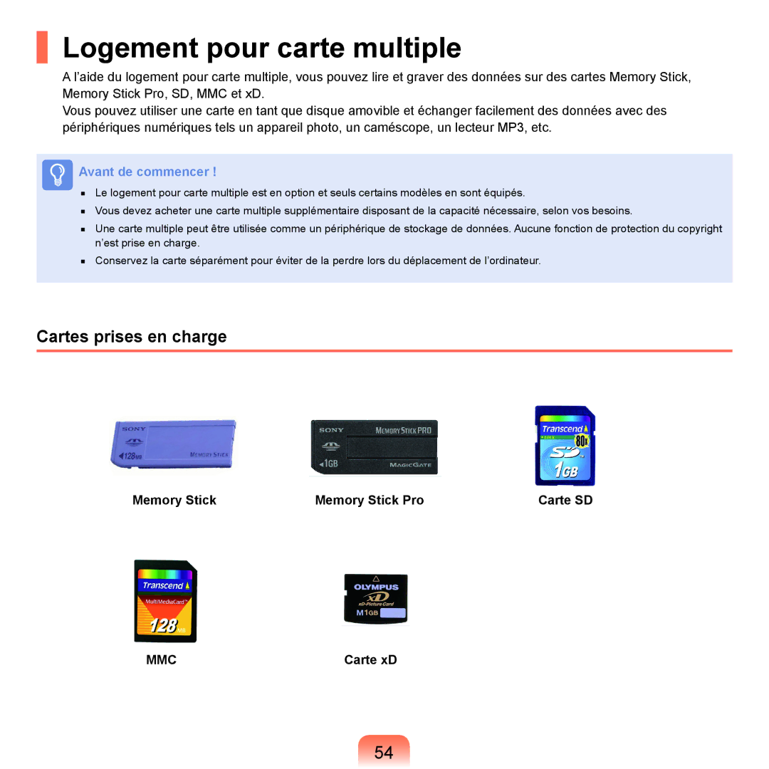 Samsung NP-Q70AV01/SEF manual Logement pour carte multiple, Cartes prises en charge, Memory Stick Memory Stick Pro Carte SD 