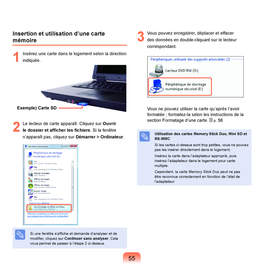 Samsung NP-Q70A000/SEF, NP-Q70AV02/SEF, NP-Q70AV01/SEF manual Insertion et utilisation d’une carte mémoire, Exemple Carte SD 