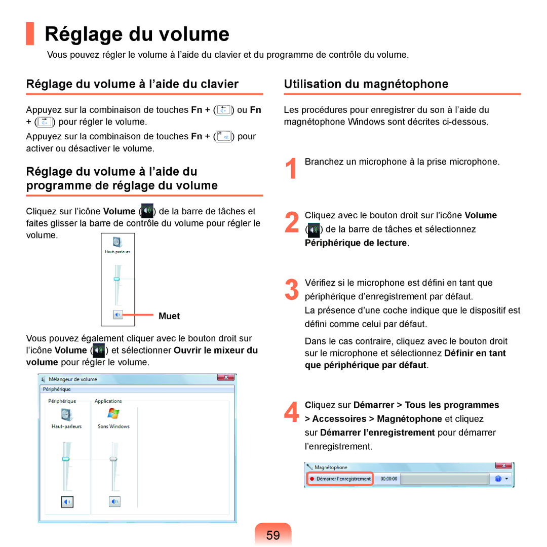 Samsung NP-Q70AV02/SEF, NP-Q70AV01/SEF manual Réglage du volume à l’aide du clavier, Utilisation du magnétophone 