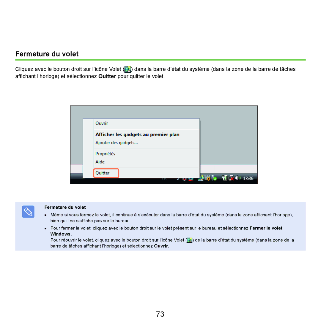 Samsung NP-Q70A000/SEF, NP-Q70AV02/SEF, NP-Q70AV01/SEF manual Fermeture du volet, Windows 