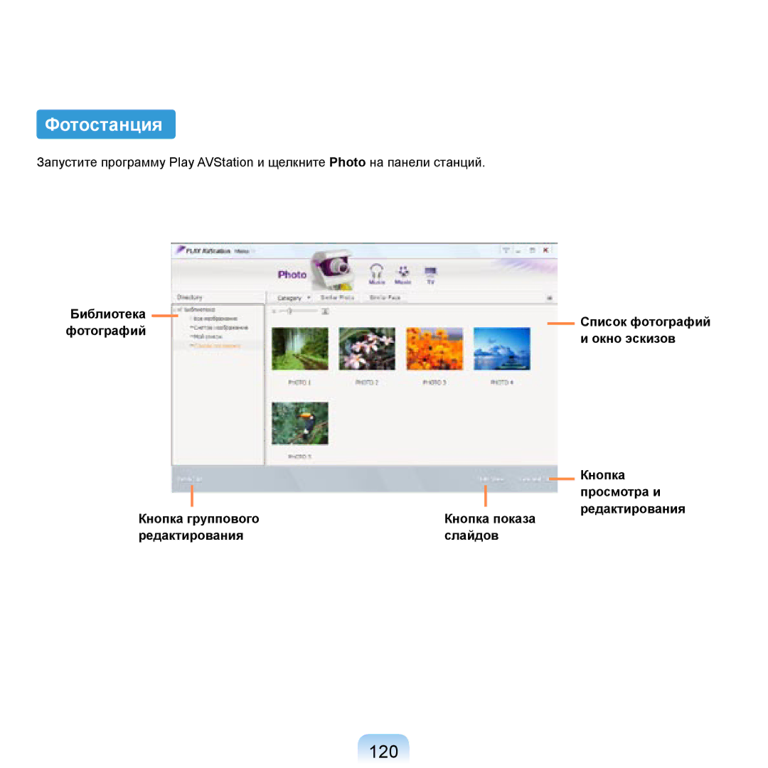 Samsung NP-R20A000/SER, NP-R20BM01/SEK manual Фотостанция, 120, Кнопка группового Кнопка показа Редактирования Слайдов 