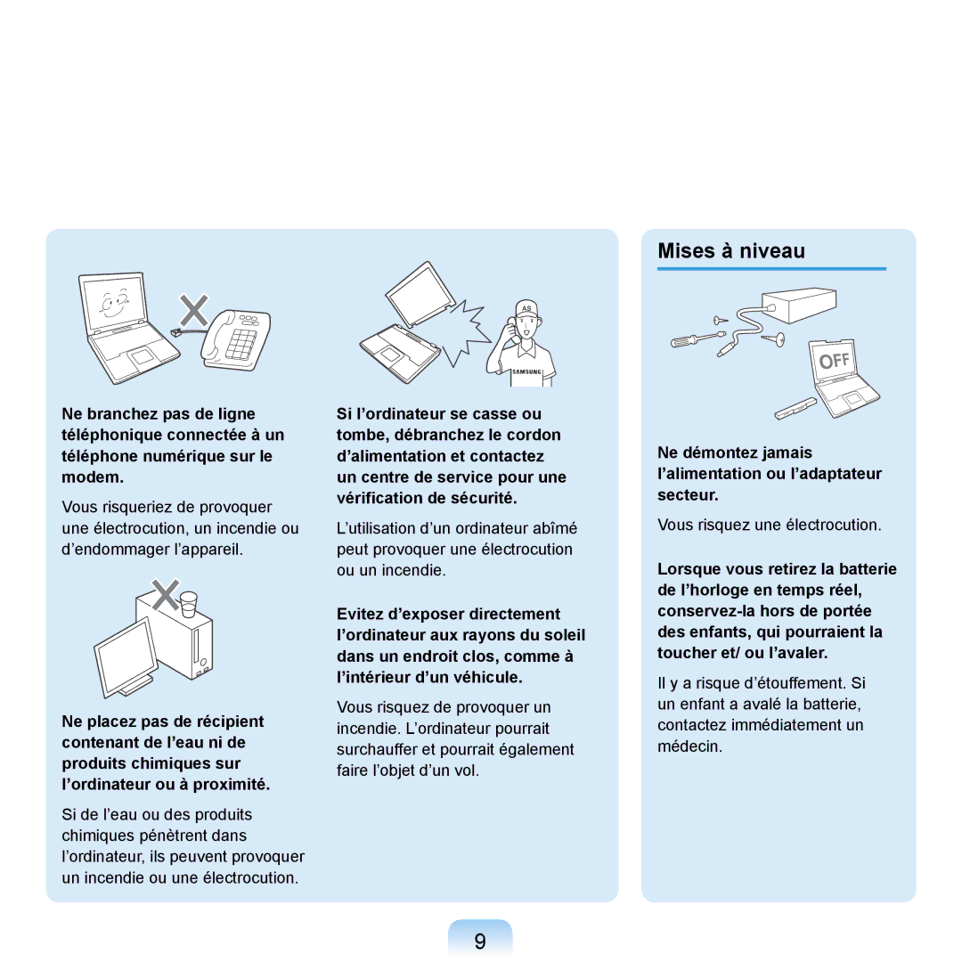 Samsung NP-R20F000/SEF, NP-R20F001/SEF manual Mises à niveau, Ne démontez jamais l’alimentation ou l’adaptateur secteur 