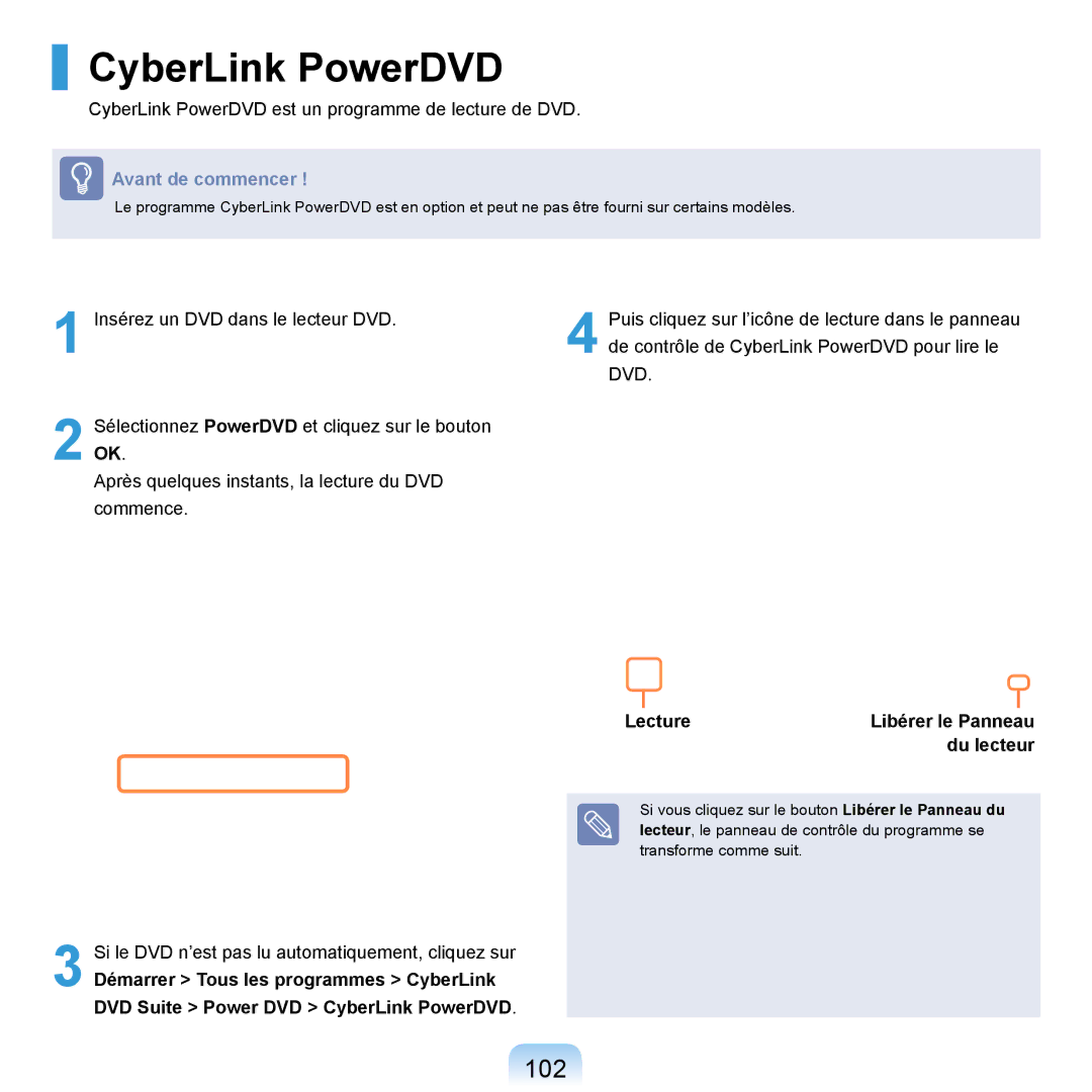 Samsung NP-R20F002/SEF, NP-R20F001/SEF, NP-R20A000/SEF, NP-R20F000/SEF manual CyberLink PowerDVD, 102, Lecture, Du lecteur 