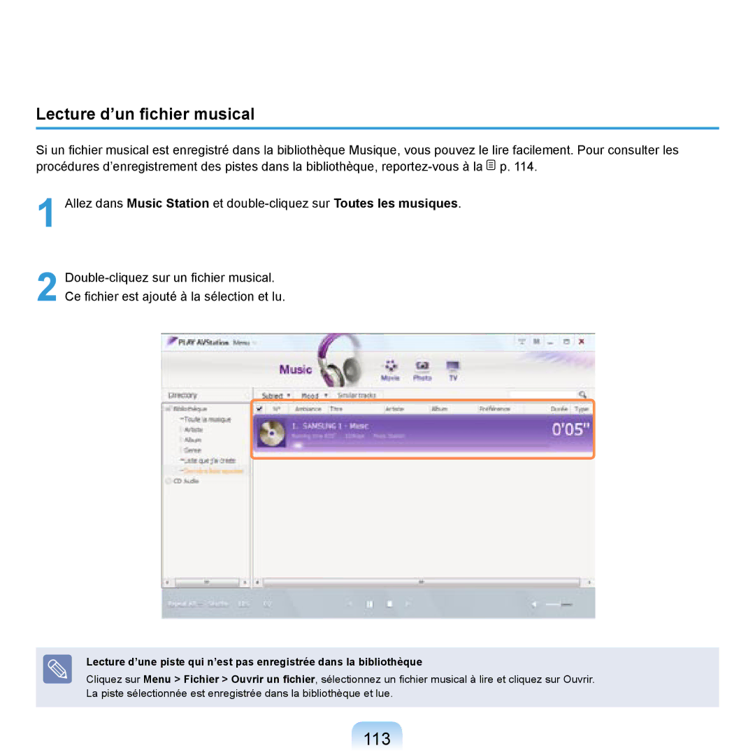 Samsung NP-R20F000/SEF, NP-R20F001/SEF, NP-R20A000/SEF, NP-R20F002/SEF manual 113, Lecture d’un ﬁchier musical 