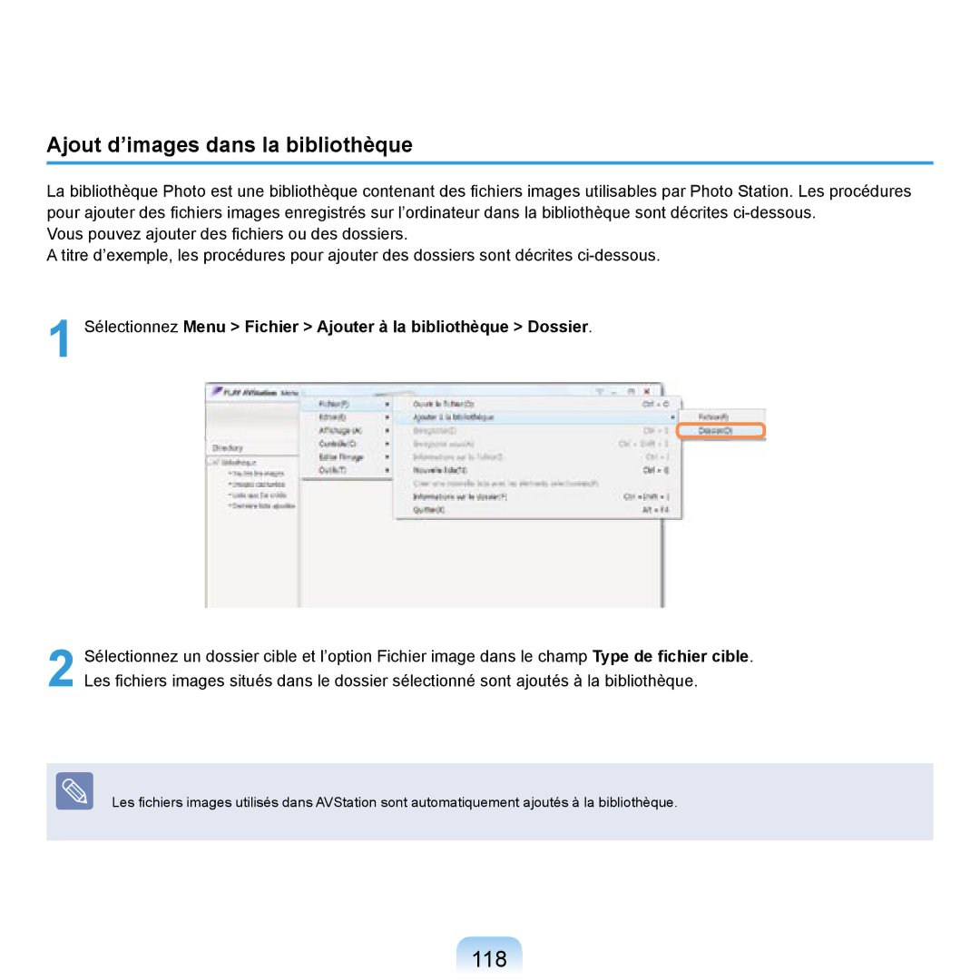 Samsung NP-R20F002/SEF, NP-R20F001/SEF, NP-R20A000/SEF, NP-R20F000/SEF manual 118, Ajout d’images dans la bibliothèque 