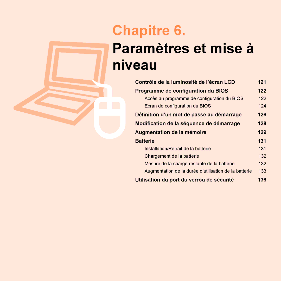 Samsung NP-R20A000/SEF, NP-R20F001/SEF, NP-R20F000/SEF, NP-R20F002/SEF manual Chapitre 6. Paramètres et mise à niveau 