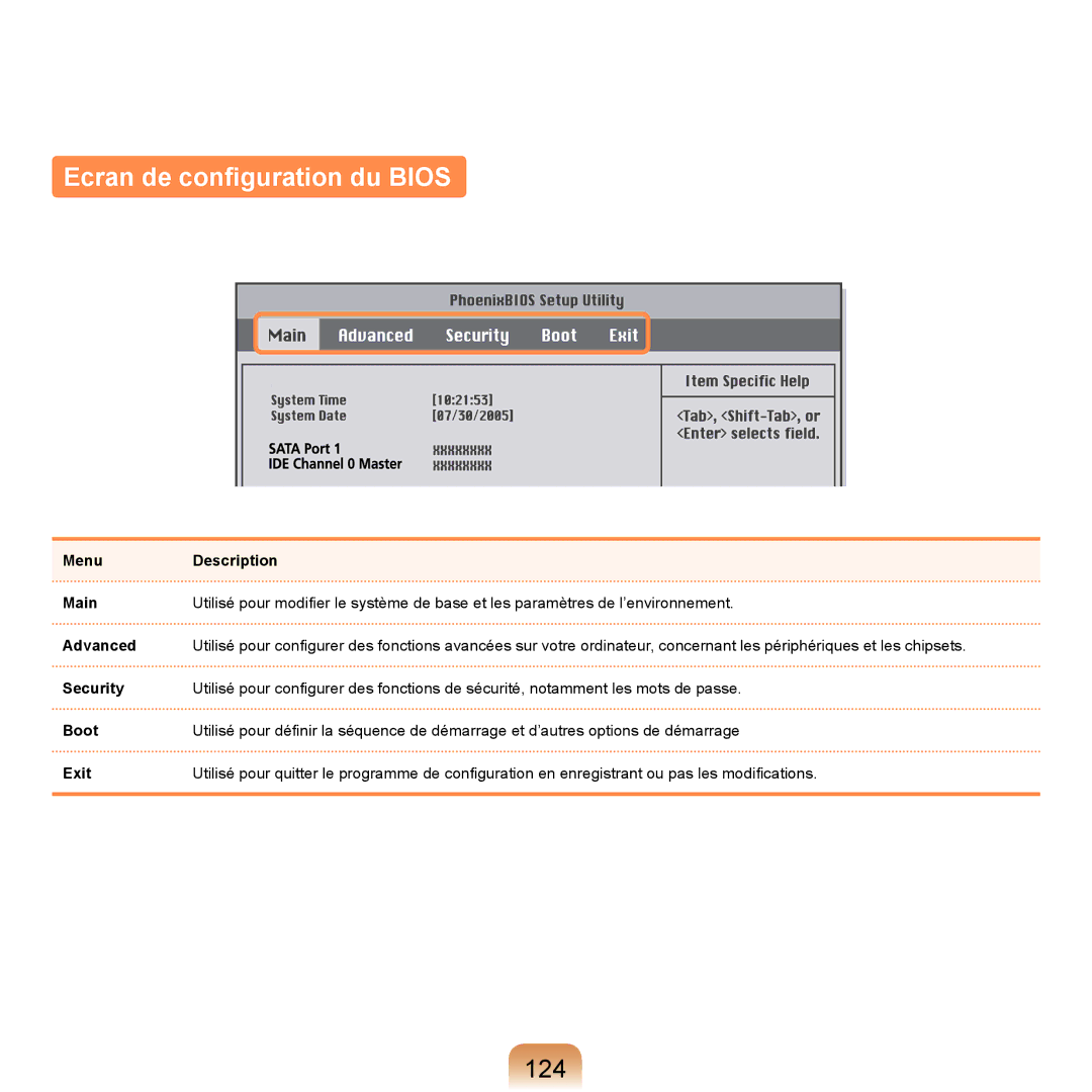 Samsung NP-R20A000/SEF, NP-R20F001/SEF, NP-R20F000/SEF, NP-R20F002/SEF manual Ecran de conﬁguration du Bios, 124 