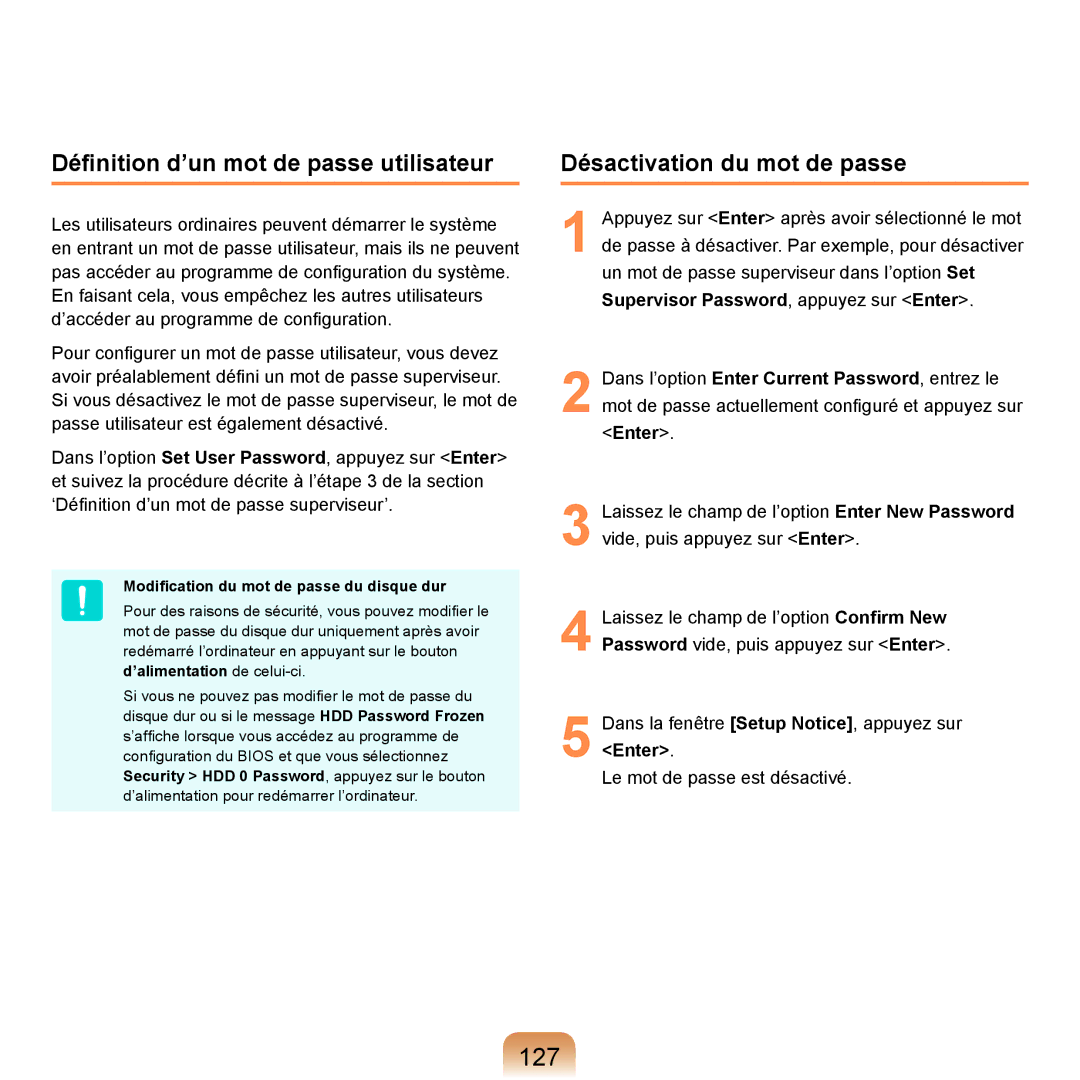 Samsung NP-R20F001/SEF, NP-R20A000/SEF manual 127, Déﬁnition d’un mot de passe utilisateur, Désactivation du mot de passe 