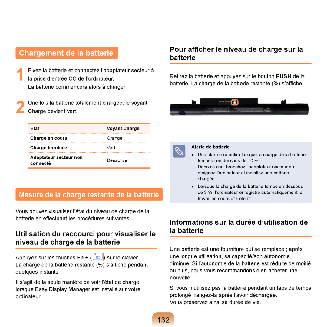 Samsung NP-R20A000/SEF, NP-R20F001/SEF Chargement de la batterie, 132, Pour afﬁcher le niveau de charge sur la batterie 