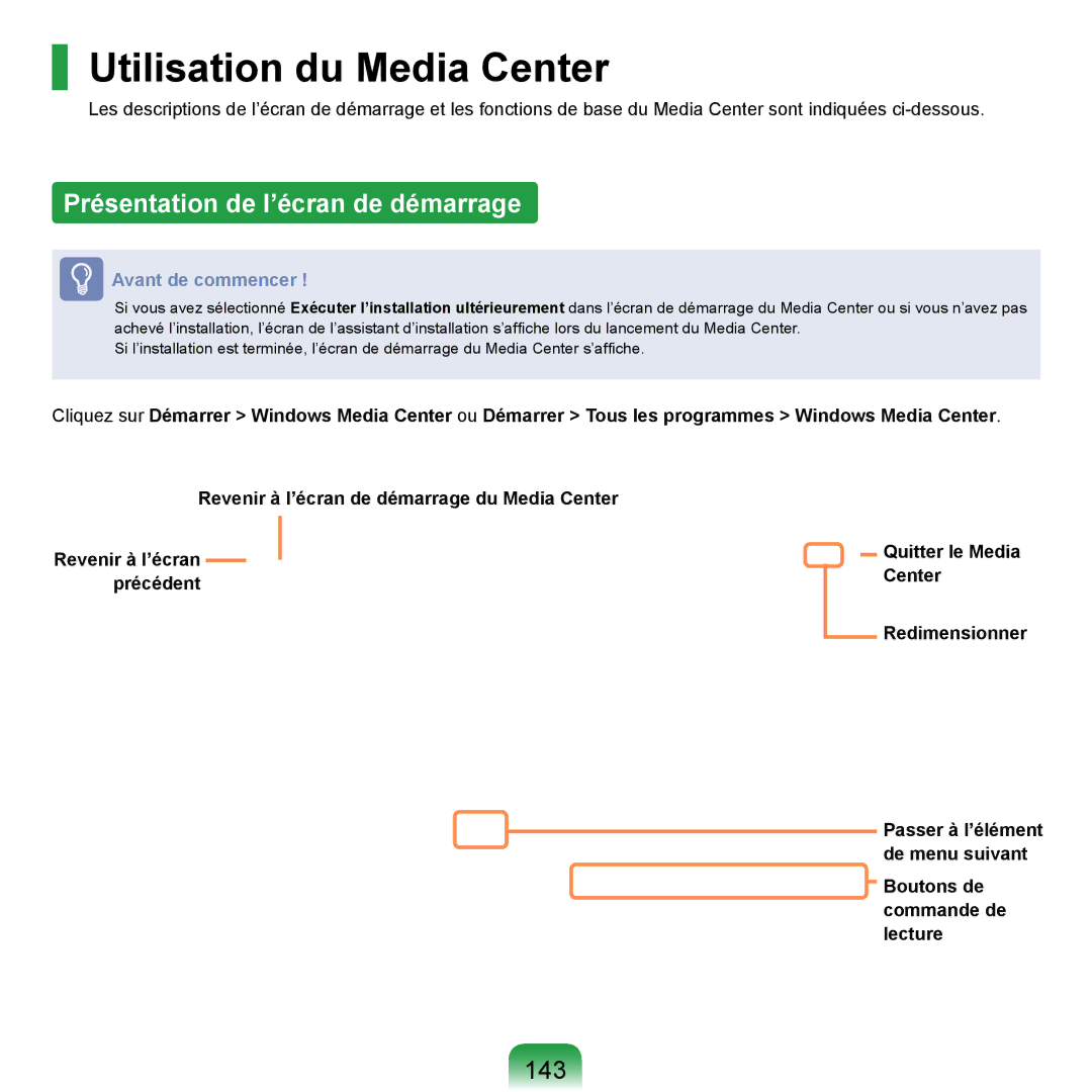 Samsung NP-R20F001/SEF, NP-R20A000/SEF manual Utilisation du Media Center, Présentation de l’écran de démarrage, 143 