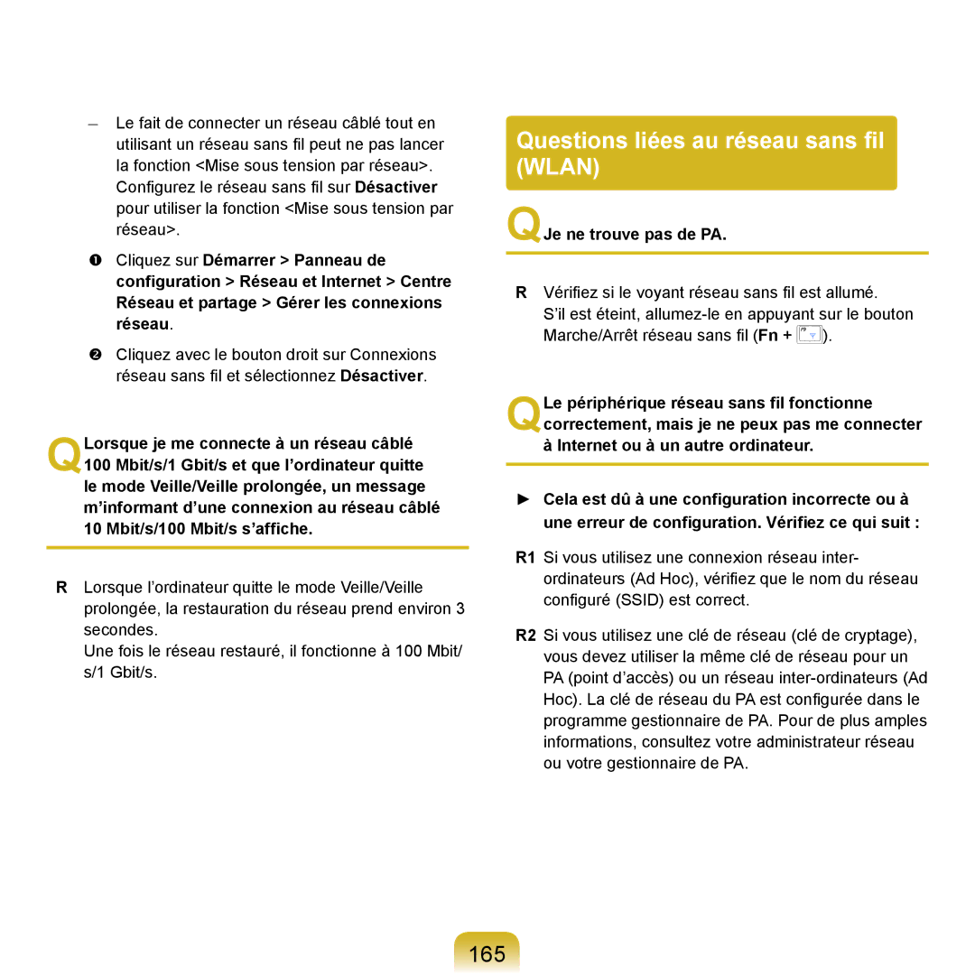 Samsung NP-R20F000/SEF, NP-R20F001/SEF, NP-R20A000/SEF Questions liées au réseau sans ﬁl Wlan, 165, QJe ne trouve pas de PA 