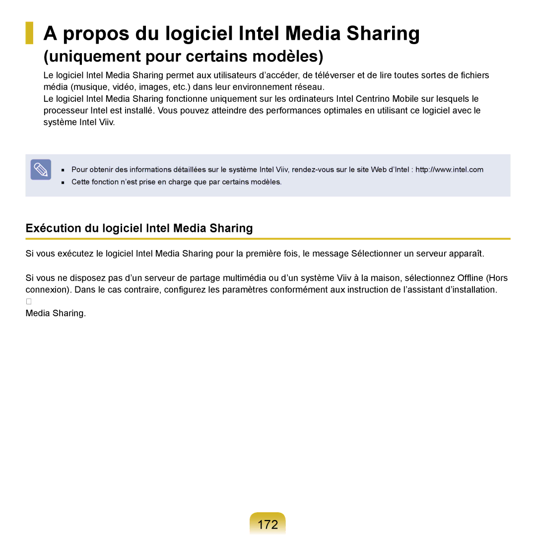 Samsung NP-R20A000/SEF manual Propos du logiciel Intel Media Sharing, 172, Exécution du logiciel Intel Media Sharing 