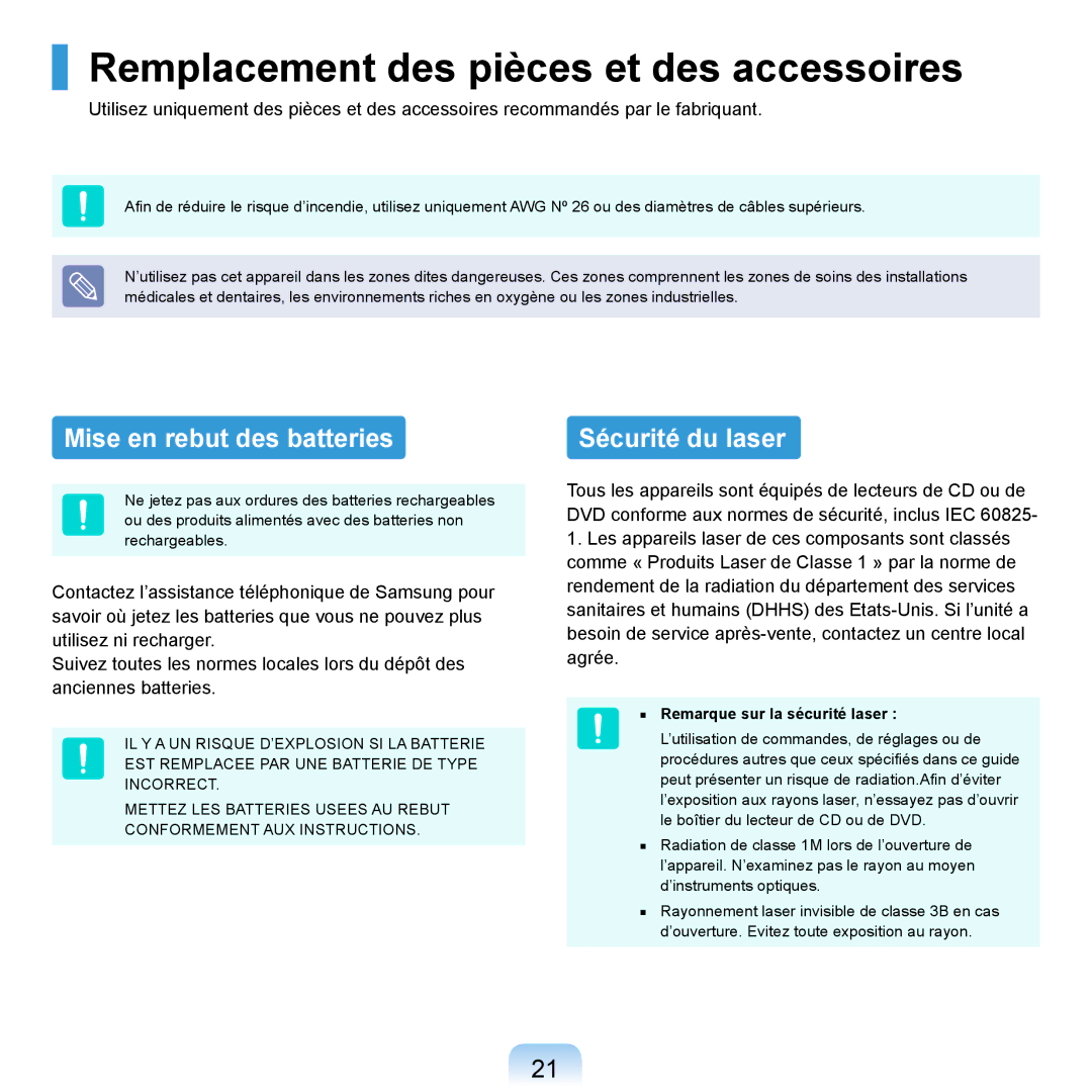 Samsung NP-R20F000/SEF manual Remplacement des pièces et des accessoires, Mise en rebut des batteries, Sécurité du laser 